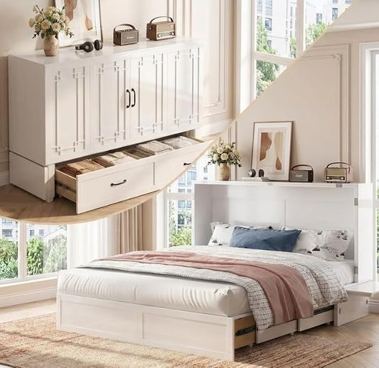 PUREMIND Queen Murphy Bed with Mattress Included, Solid Wood Cabinet Bed with Storage Drawer, USB Charging Ports and Folding Tray, Space Saving Hideaway Murphy Beds Cabinet for Guest Room