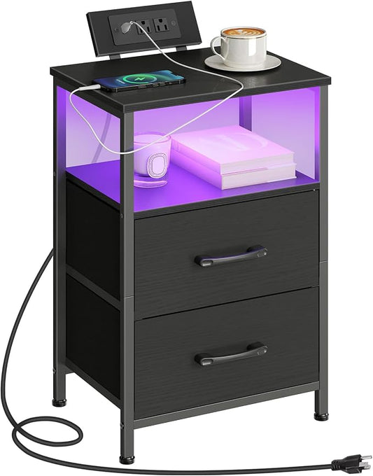 HOOBRO Nightstand with Charging Station, Bedside Table with LED Lights and 2 Fabric Drawers, End Table with 2 AC Outlets and USB Port, Small Night Stand for Bedroom, Black BB118UDBZ01