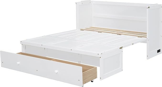 Merax Murphy Bed Cabinet Full Size with Storage Drawers, Chest Cube Bed for Guest Room, Built-in Sockets & USB Ports, for Home Office or Small Bedroom, White
