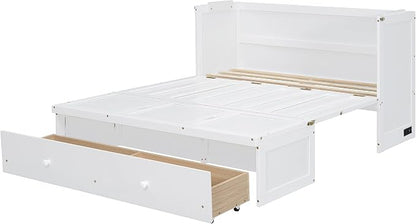 Merax Murphy Bed Cabinet Full Size with Storage Drawers, Chest Cube Bed for Guest Room, Built-in Sockets & USB Ports, for Home Office or Small Bedroom, White