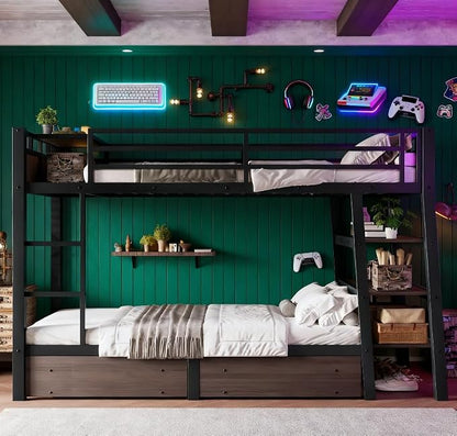 Bellemave Bunk Bed Twin Over Twin，Metal Bunk beds with Storage Shelves, LED Light Strip, and USB Power Strip, Upper Bed with Desk, Black