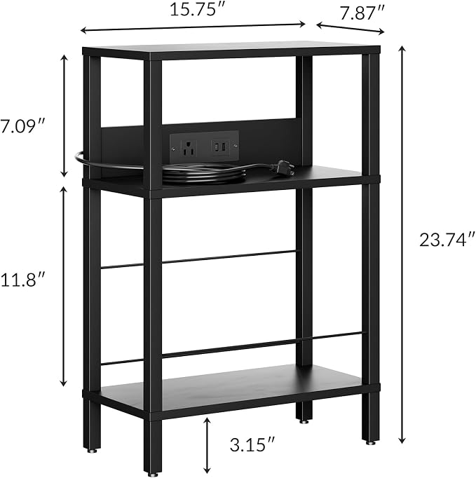 DGSANDGO Black Narrow Side Table - Nightstand with Charging Station (2 USB + 1 AC Outlet), 3-Tier End Table for Nordic Style/Bedroom/Living Room (Black)