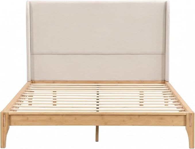 Merax Bamboo Wood 12 Inch Platform Bed with 48" Upholstered High Headboard | Queen Size Bed Frame with Wood Slat Support, No Box Spring Needed, Easy Tool-Free Assembly, Beige+ Natural