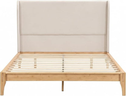 Merax Bamboo Wood 12 Inch Platform Bed with 48" Upholstered High Headboard | Queen Size Bed Frame with Wood Slat Support, No Box Spring Needed, Easy Tool-Free Assembly, Beige+ Natural