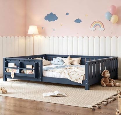 Bellemave Queen Size Floor Bed with high Rails and with Built-in Bookshelf for Kids, Girls, Boys, Wood Montessori Floor Bed Without Door, Blue