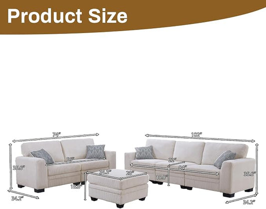 Legend Vansen Oversized Modular Sectional Sofa,6 Seat U Shaped Couch with Ottoman,Corduroy Sofa with Deep Seat,Convertible Large Sectional Couches for Living Room (Cream, L2+3)