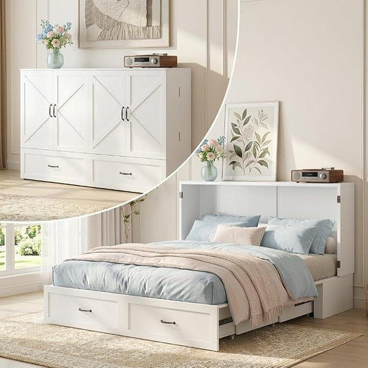 PUREMIND Queen Murphy Bed Cabinet, Bedroom Cabinet Beds with USB Charging Station, Murphy Chest Bed with Storage Drawers, Horizontal Wallbed for Guest Room White