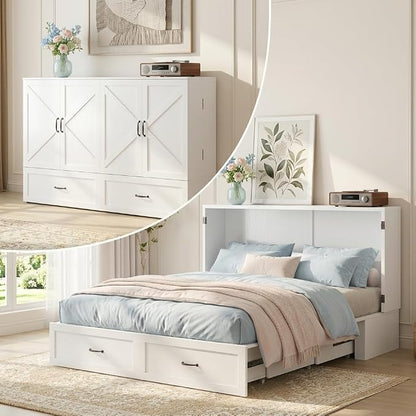 PUREMIND Queen Murphy Bed Cabinet with Mattress Included, Bedroom Cabinet Beds with USB Charging Station, Murphy Chest Bed with Storage Drawers, Horizontal Wallbed for Guest Room White