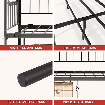 Golden Gate Beds Daybed Frame with Headboard, Without Trundle, Heavy Duty Metal Frame & Steel Slats Foundation, Upholstered Stylish Sofa Bed for Living Room, Bedroom, Guest Room - Black, Twin Size