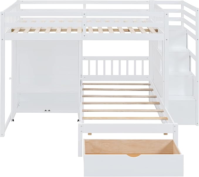 Ball & Cast Full Over Twin Bunk Bed with Safty Guardrail & Storage Stair,Wood Loft Bedframe W/Wardrobe & Drawers,Space-Saving Design,Easy Assembly,Versatile Furniture for Boy Girl Teen Bedroom,White