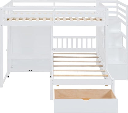 Ball & Cast Full Over Twin Bunk Bed with Safty Guardrail & Storage Stair,Wood Loft Bedframe W/Wardrobe & Drawers,Space-Saving Design,Easy Assembly,Versatile Furniture for Boy Girl Teen Bedroom,White