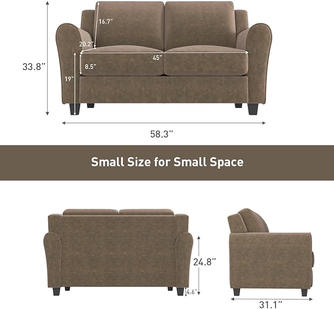 Bonzy Home 58" Brown Loveseat Sofa Couch for Living Room, 2 Seater Love Seat for Small Spaces, Modern Couches with Thick Cushion for Home Apartment Office