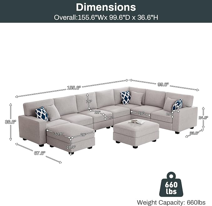 Legend Vansen Oversized Modular Sectional Sofa,U/L‑Shaped Reversible Couch with Ottoman,Deep Seat Plush Polyester Sofa for Living Room,9‑Seater,Light Grey