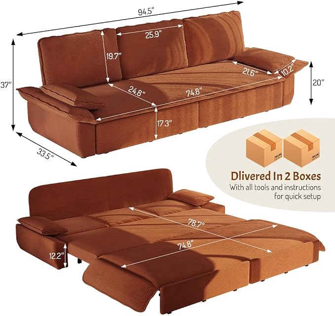 ERYE King Foldable Sleeper Sofa,Oversized 3-in-1 Convertible Pull Out Sleeper Sofabed W/Pillow Armrests,3 Seat Couch Space Saving Sleeper Sofa Bed for Living Room Bedroom