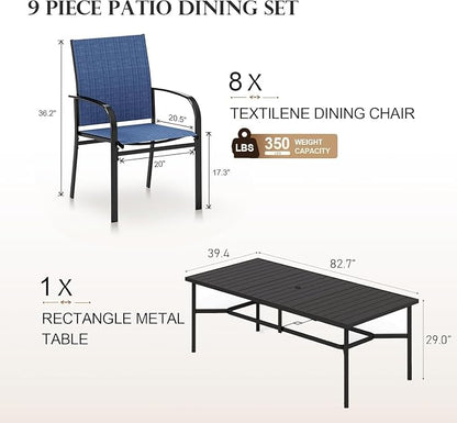 HERA'S HOUSE 9 Pieces Outdoor Dining Set, Patio Table and Chairs Set for 8, 8 x Textilene Chairs and 1 x Large Rectangle Metal Table with Umbrella Hole for Deck Garden Backyard Lawn Poolside