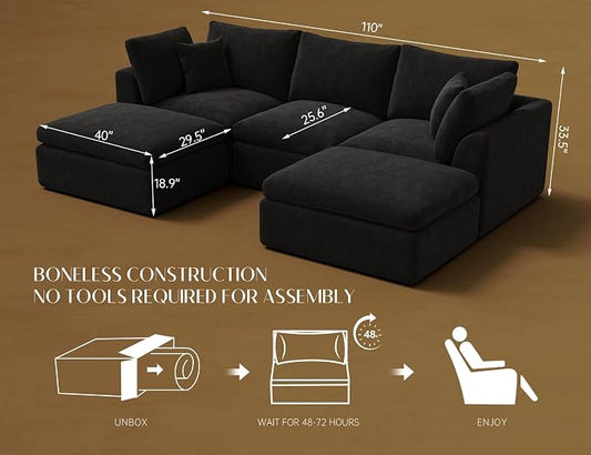 ohllob 110" U Shaped Couch, Cloud Sectional Couches for Living Room, Boneless Couch with Ottoman, 3 Seater Modular Sectional Sofa, Black