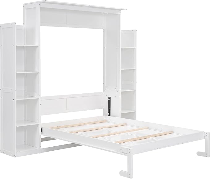 MERITLINE Queen Murphy Bed with Storage Shelves and LED Lights, Wood White Murphy Wall Bed Cabinet with Bookcase Bookshelf for Adults