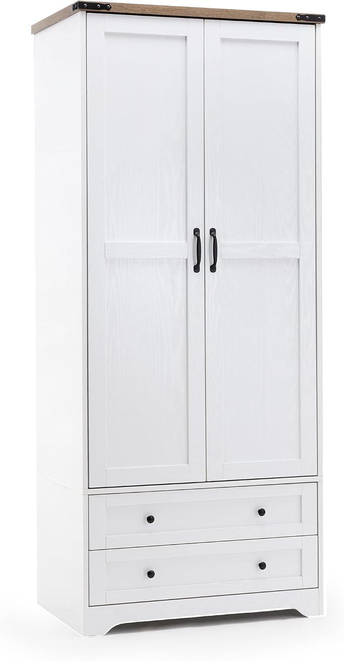 Yechen 71" Wooden Armoire Wardrobe Closet Set of 2- Modern Functional Clothes Tall Storage Cabinet with Adjustable Shelf and Hanging Rail, Sturdy Freestanding Closet with 2 Wide Drawers (White)