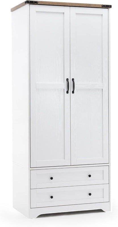 Yechen 71" Wooden Armoire Wardrobe Closet Set of 2- Modern Functional Clothes Tall Storage Cabinet with Adjustable Shelf and Hanging Rail, Sturdy Freestanding Closet with 2 Wide Drawers (White)