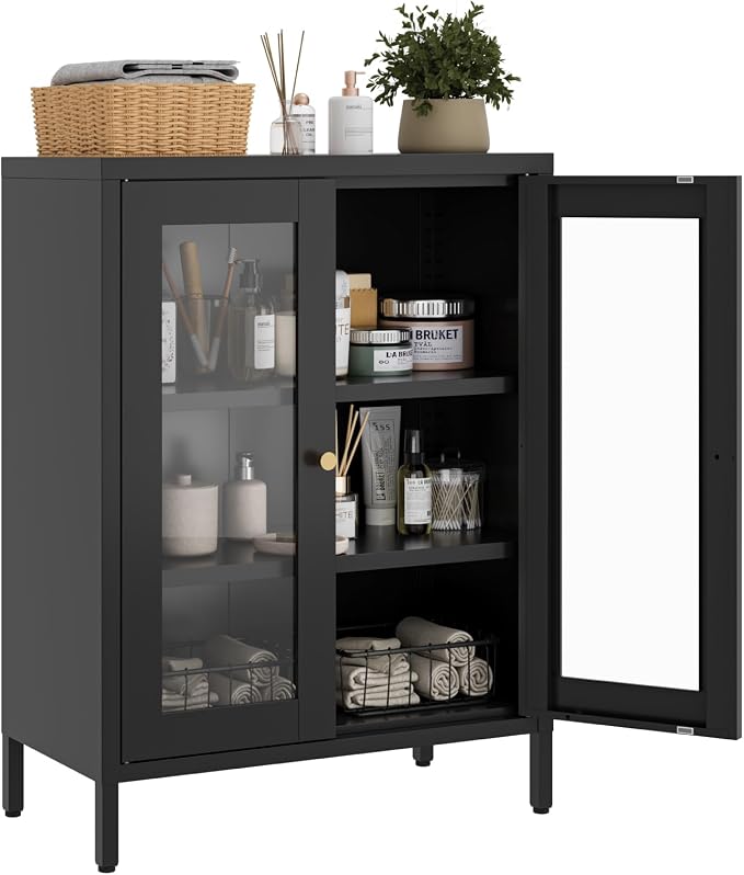 Small Metal Cabinet with Glass Doors,Display Storage Cabinet with 2 Adjustable Shelves for Bathroom Entryway Living Room Dining Room Kitchen,3-Tier,11.8" D x 23.6" W x 31.5" H, Black