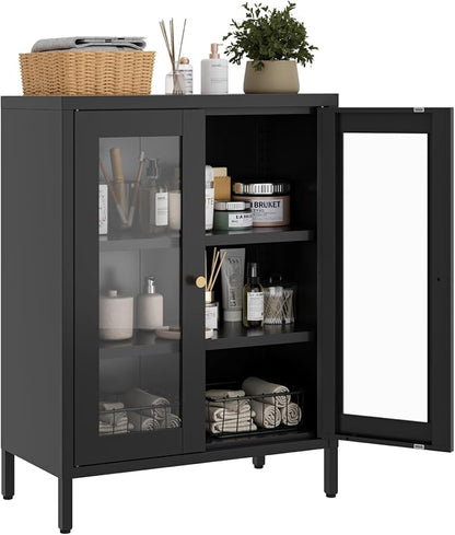 Small Metal Cabinet with Glass Doors,Display Storage Cabinet with 2 Adjustable Shelves for Bathroom Entryway Living Room Dining Room Kitchen,3-Tier,11.8" D x 23.6" W x 31.5" H, Black