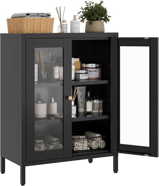 Small Metal Cabinet with Glass Doors,Display Storage Cabinet with 2 Adjustable Shelves for Bathroom Entryway Living Room Dining Room Kitchen,3-Tier,11.8" D x 23.6" W x 31.5" H, Black