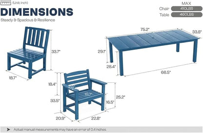 Perli™ 7-Piece Outdoor Dining Set, All-Weather HDPE Patio Table and 6 Chairs with Umbrella Hole, UV-Resistant Composite Wood Dining Furniture for Deck, Backyard, Poolside, Blue