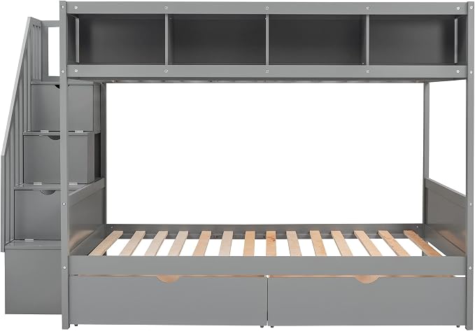 MERITLINE Twin Over Full Bunk Bed with Stairs, Storage Shelves and Drawers, Solid Wood Bunk Bed Frame with Storage, for Teens Adults (Grey)