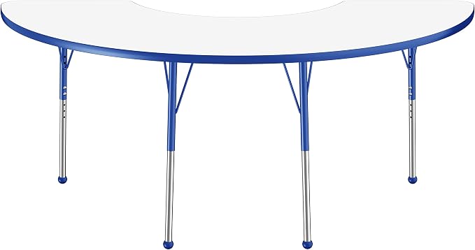 FDP Dry-Erase Half Moon Activity School and Office Table (36 x 72 inch), Standard Legs with Ball Glides for Collaborative Spaces, Adjustable Height 19-30 inches - Whiteboard Top, Blue Edge and Legs
