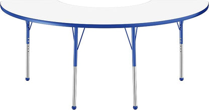 FDP Dry-Erase Half Moon Activity School and Office Table (36 x 72 inch), Standard Legs with Ball Glides for Collaborative Spaces, Adjustable Height 19-30 inches - Whiteboard Top, Blue Edge and Legs
