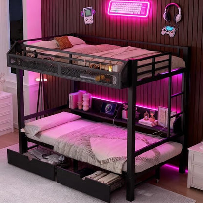 Bellemave Bunk Bed Twin XL Over Twin XL，Metal Bunk beds with Storage Shelves and Drawers USB Ports and LED Lights, Lower Bed That can be Converted into a Sofa, Black