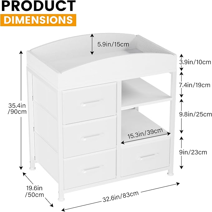 Homeiju Baby Changing Table with 4 Drawers and 2 Shelves - Baby Dresser with Changing Table Top Diaper Changing Station with Storage for Nursery Modern, White