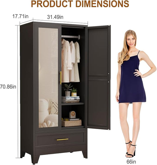 Metal Armoire Wardrobe Closet Storage Cabinet with Mirror Black, 71'' Wardrobe Cabinet with Hanging Rod Metal Closet with Adjustable Shelf and Drawer for Bedroom, Laundry Room, Cloak Room
