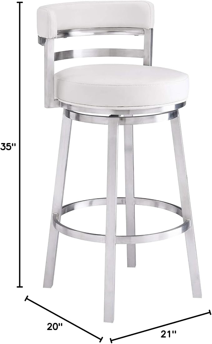 Armen Living Madrid 26" Counter Height Swivel Modern White Faux Leather and Brushed Stainless Steel Bar Stool