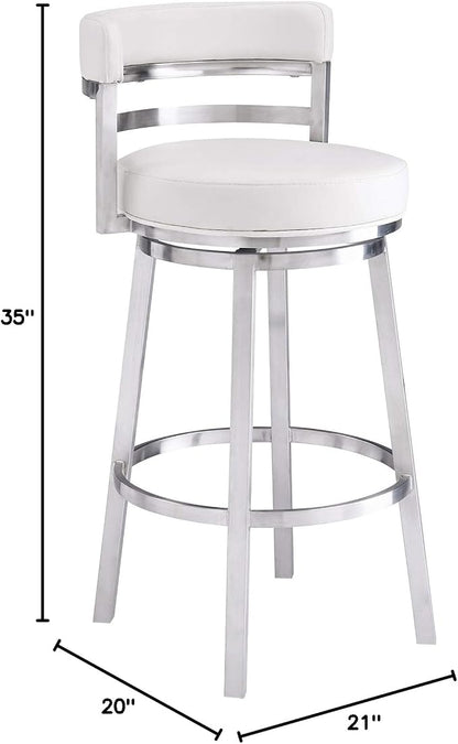 Armen Living Madrid 26" Counter Height Swivel Modern White Faux Leather and Brushed Stainless Steel Bar Stool