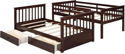 Merax Twin-Over-Twin Bunk Bed with Two Storage Drawers, Solid Wood Twin Size Bunk Bed with Guardrial and Removble Ladder, Can be Converted Into 2 Separate Beds, Espresso