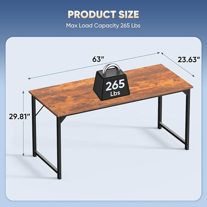 DUMOS 63 Inch Computer Office Desk Writing Gaming Study Work Large Desks for Bedroom Home Office with Metal Frame Simple Modern PC Table Workstation, Wood Brown