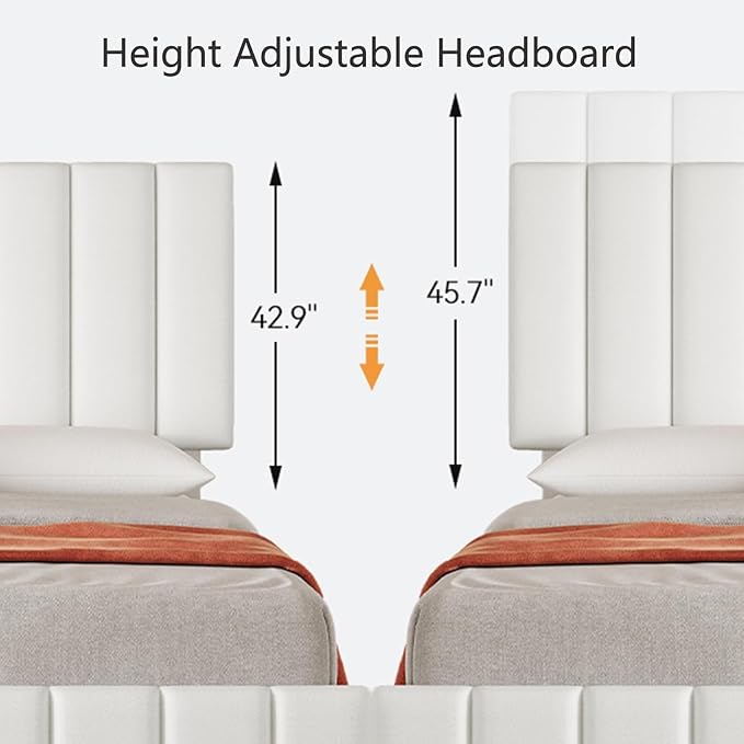 IDEALHOUSE Queen Size Bed Frame with 4 Storage Drawers, PU Leather Upholstered Platform Bed Frame, Adjustable Height Headboard, No Box Spring Needed, Easy to Assembly, White