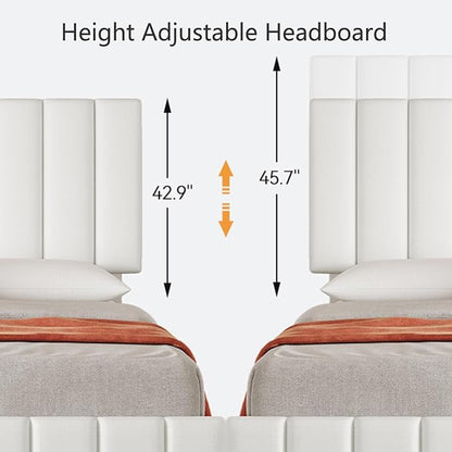 IDEALHOUSE Queen Size Bed Frame with 4 Storage Drawers, PU Leather Upholstered Platform Bed Frame, Adjustable Height Headboard, No Box Spring Needed, Easy to Assembly, White