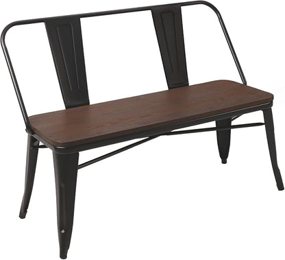 YOLENY Dining Bench, Entryway Bench with Back, Farmhouse Metal Dining Bench, Industrial Mid-Century 3 Person Rustic Spindle Bench, with Wood Seat, Removable Backrest, 42in, Black