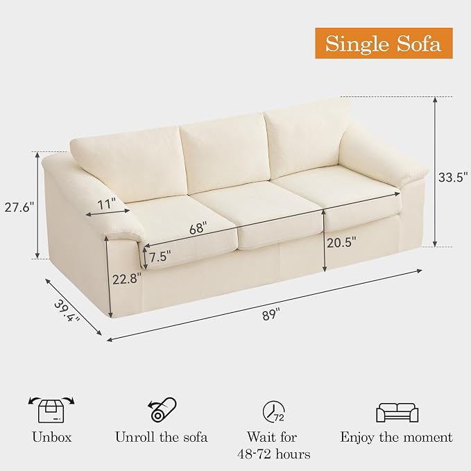 89" Boneless 3 Seater Sofa, Modern Cloud Couch for Living Room, 3 Seat Couch with Deep Seat, Thick Cushion, Comfy Upholstered Sofa for Apartment, Bedroom, No Assembly, Beige