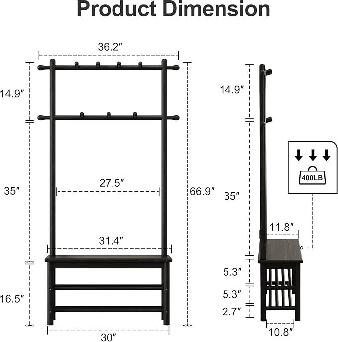 AQIMUELE Coat Rack with Shoe Storage, Wooden Hall Tree with Bench, 11 Hooks and 2-Tier Storage Shelves, 3-in-1, Entryway Bench with Coat Rack (31.5"-Deep Black)