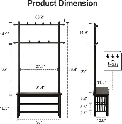 AQIMUELE Coat Rack with Shoe Storage, Wooden Hall Tree with Bench, 11 Hooks and 2-Tier Storage Shelves, 3-in-1, Entryway Bench with Coat Rack (31.5"-Deep Black)