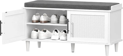 Akxomel Rattan Shoe Storage Bench with Cushion, 2-Tier Entryway Bench with Adjustable Shelves and 2 Doors, 15" D x 39.4" W x 20" H, Solid Wood Legs, for Hallway, Living Room, Bedroom, White