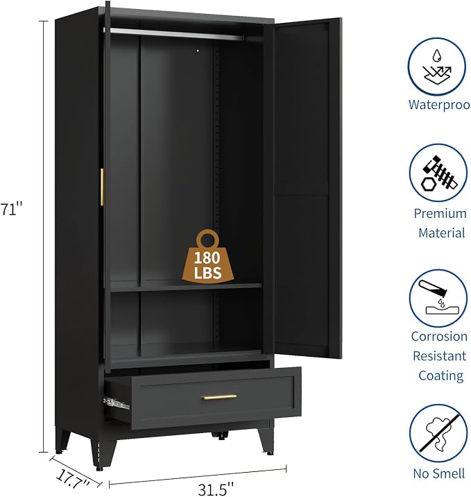 Steel Armoire Wardrobe Closet, 71" Metal Clothing Storage Cabinets with 2 Doors, 1 Drawer and Adjustable Shelves, Black Wardrobe Cabinet with Hanging Rod for Bedroom, Gym