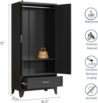 Steel Armoire Wardrobe Closet, 71" Metal Clothing Storage Cabinets with 2 Doors, 1 Drawer and Adjustable Shelves, Black Wardrobe Cabinet with Hanging Rod for Bedroom, Gym