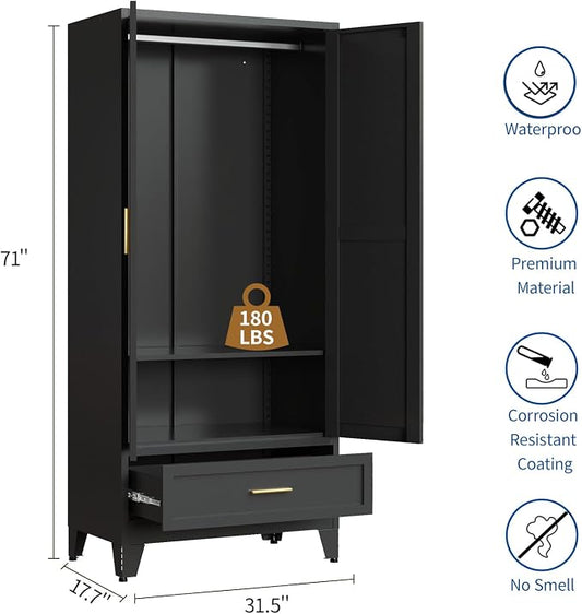Steel Armoire Wardrobe Closet, 71" Metal Clothing Storage Cabinets with 2 Doors, 1 Drawer and Adjustable Shelves, Black Wardrobe Cabinet with Hanging Rod for Bedroom, Gym
