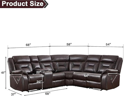 EBELLO Faux Leather Reclining Sectional Sofa Set for Living Room, 1 Recliner Chair and L-Shaped Reclining Couches Home Furniture Set with Center Console, Hidden Cup Holders and Storage, Dark Brown