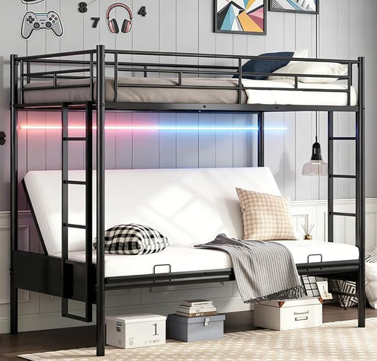 Bellemave Twin Over Futon bunk Bed, loft beds with futon, Twin Over Full Futon bunk beds, Black