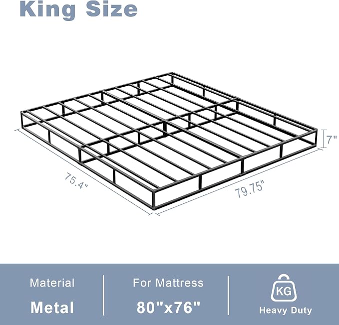 Tyndall Box Spring King Bed Base, 7 Inch High Metal King Size Box Spring Only, Heavy Duty Mattress Foundation with Fabric Cover, Easy Assembly, Quiet Noise Free, Black